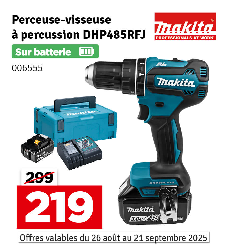 Perceuse visseuse à percussion sur batterie DHP485RFJ 2 x 3 Ah 18 V MAKITA